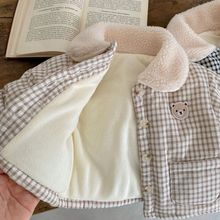 2023韩版婴儿冬季外套男女宝宝格子小熊夹棉保暖棉袄加厚儿童棉服