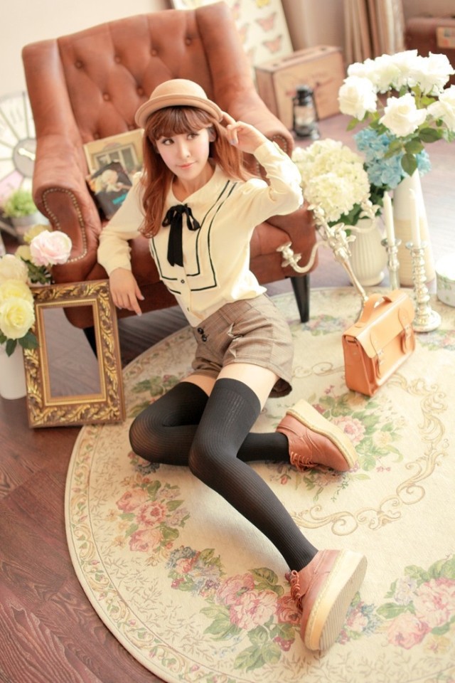 日系两色 拼接竖条假高筒连裤袜 天鹅绒丝袜条纹拼色假大腿袜