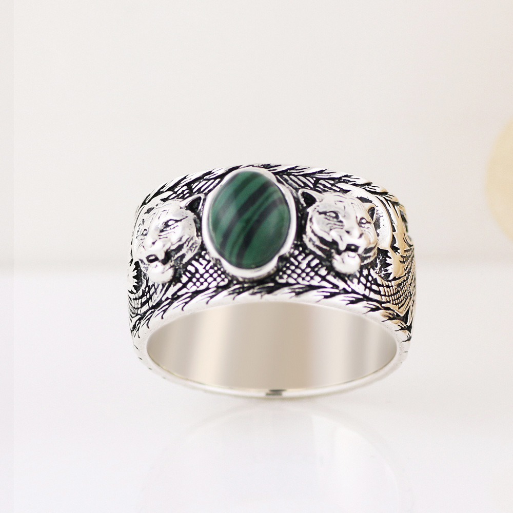 古奇绿色宝石s925纯银戒指男 双g冷淡风虎头戒 ins潮流个性轻奢款