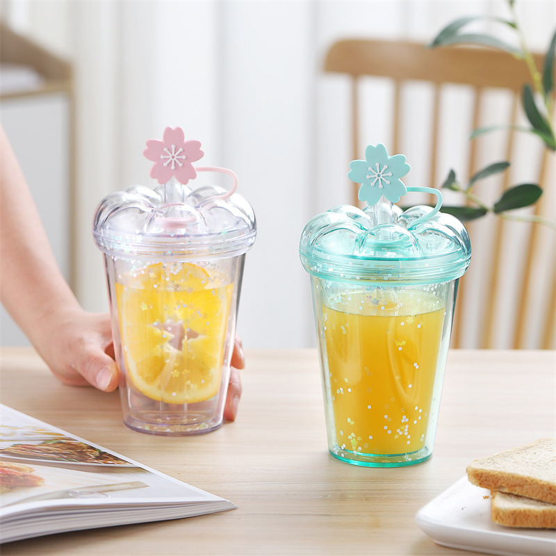 New Creative High-Looking Double-Layer Plastic Anti-Scald Milk Tea Cup with Straw Ins Girl Student Office Household Water Cup