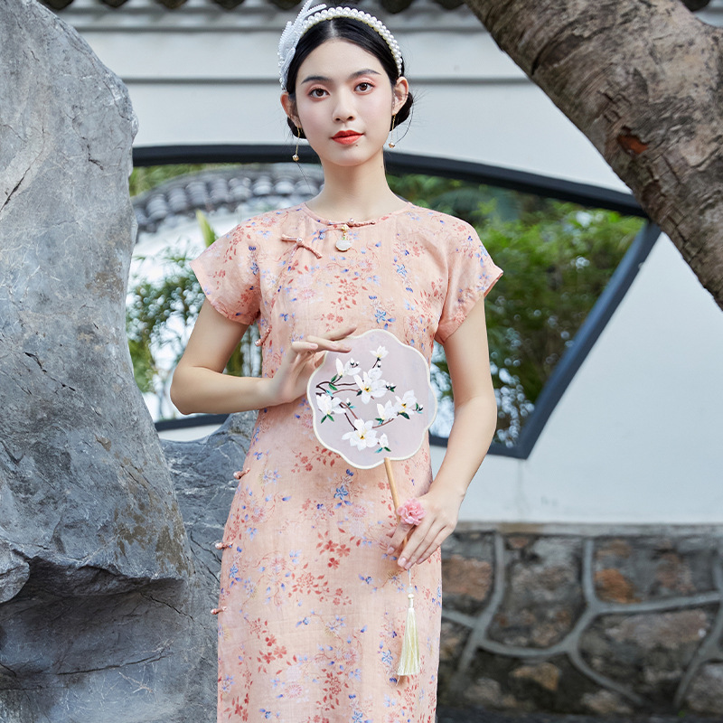 清仓不退换 苎麻全开襟平裁改良圆领旗袍220221-阿里巴巴