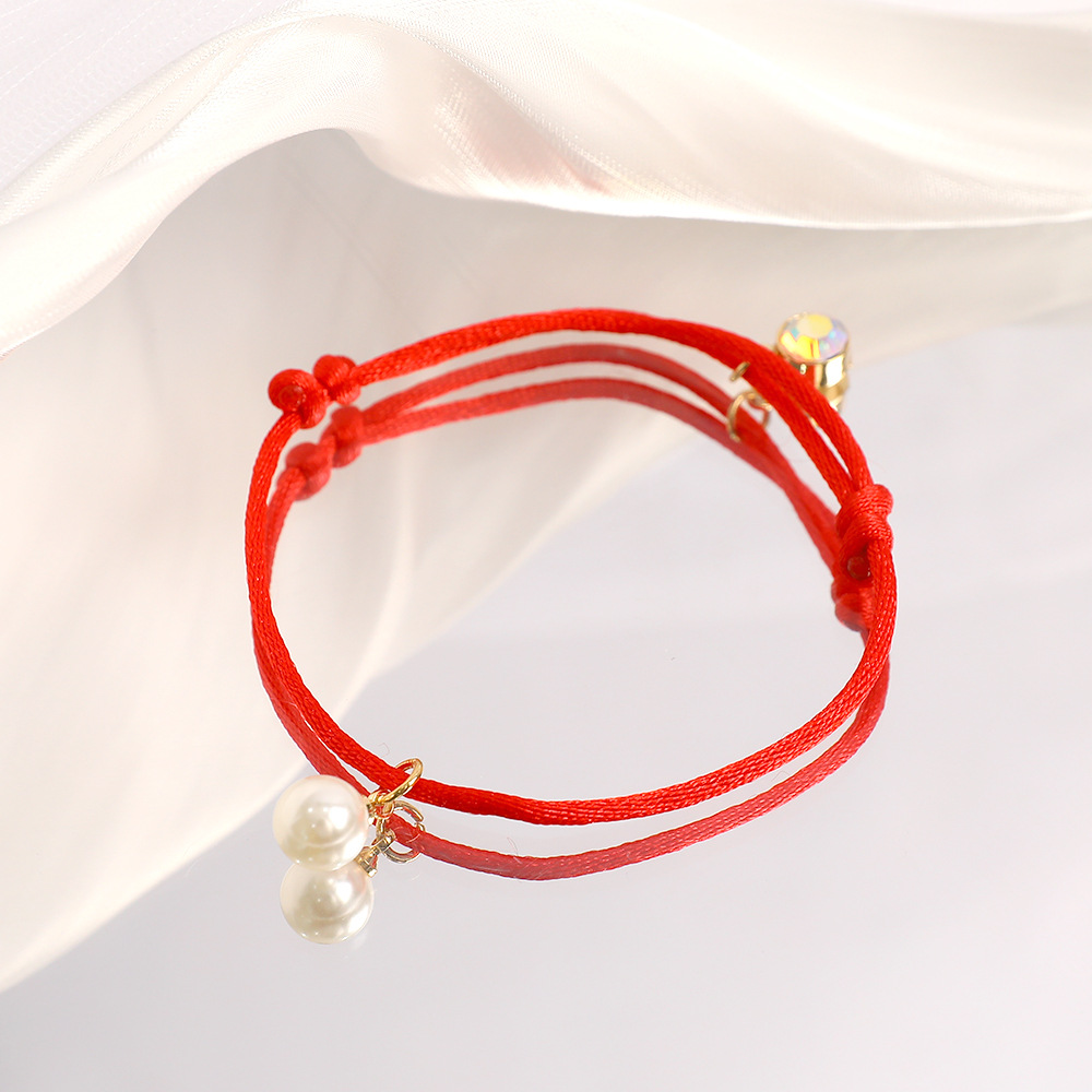芸芸饰品儿童编织红绳手链 仿珍珠小吊坠简约可调节幸运手链-阿里巴巴