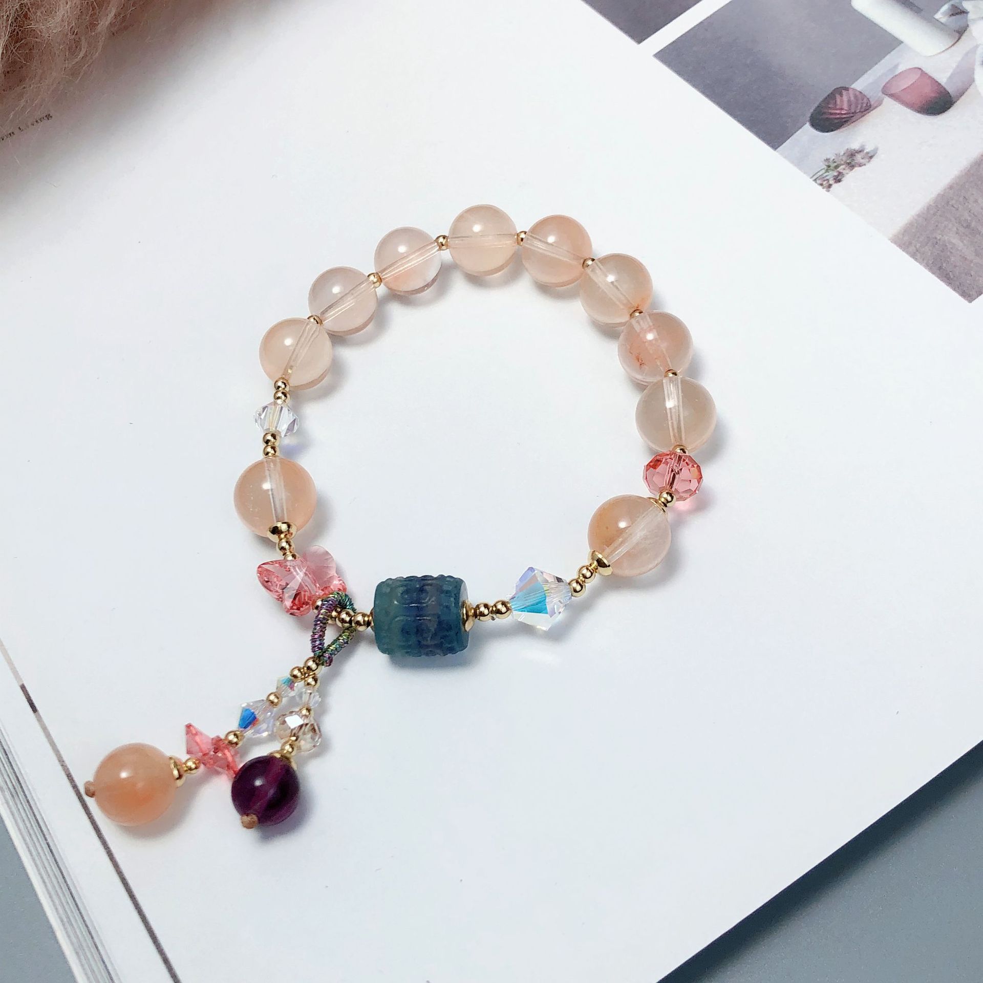 简约甜美红兔毛萤石手链单圈奥地利水晶手串手工饰品串珠配饰首饰