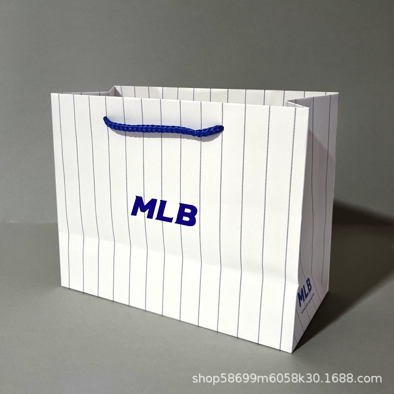 新款条纹烫金mlb纸袋子 la棒球帽子手提袋 ny棒球帽包装袋现货