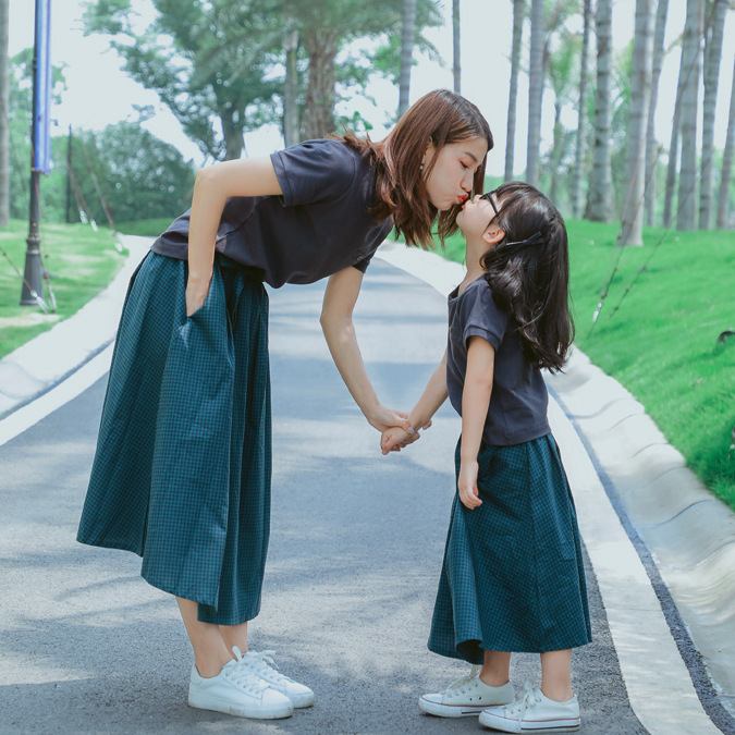 2021夏装新款原创短袖t恤 半身裙套装/日系文艺风棉母女亲子装
