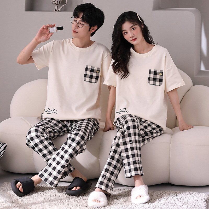 Couple Pajamas Women's Summer Waffle Short-Sleeved Trousers Korean Style Sweet Casual Men's and Women's plus Size Homewear Suit