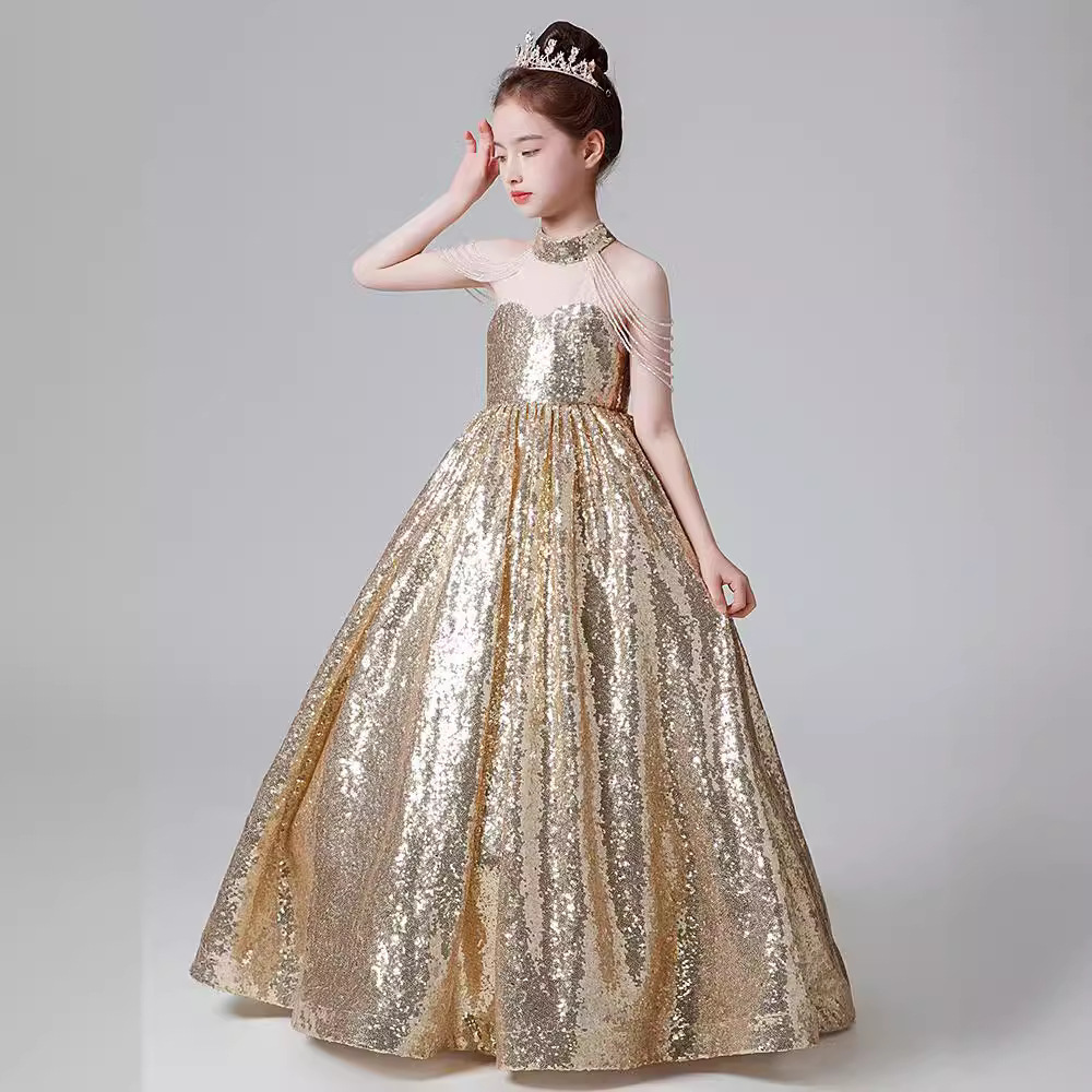 女童礼服公主裙金色亮片挂脖儿童欧美外贸小主持人钢琴演奏演出服