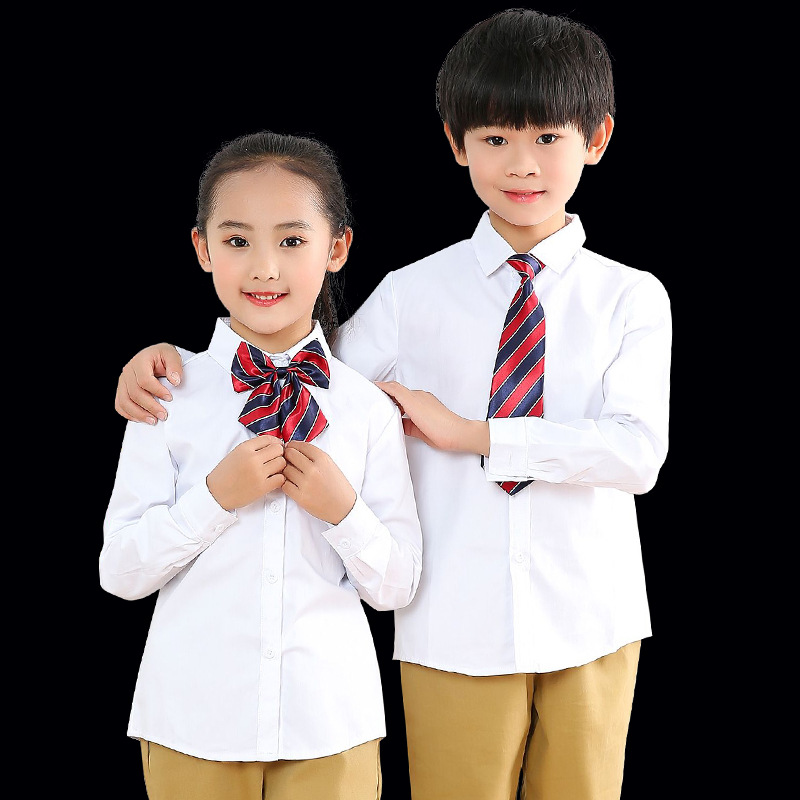 儿童白衬衣衬衫男孩春秋款长袖女童圆领幼儿校服小学生校园款