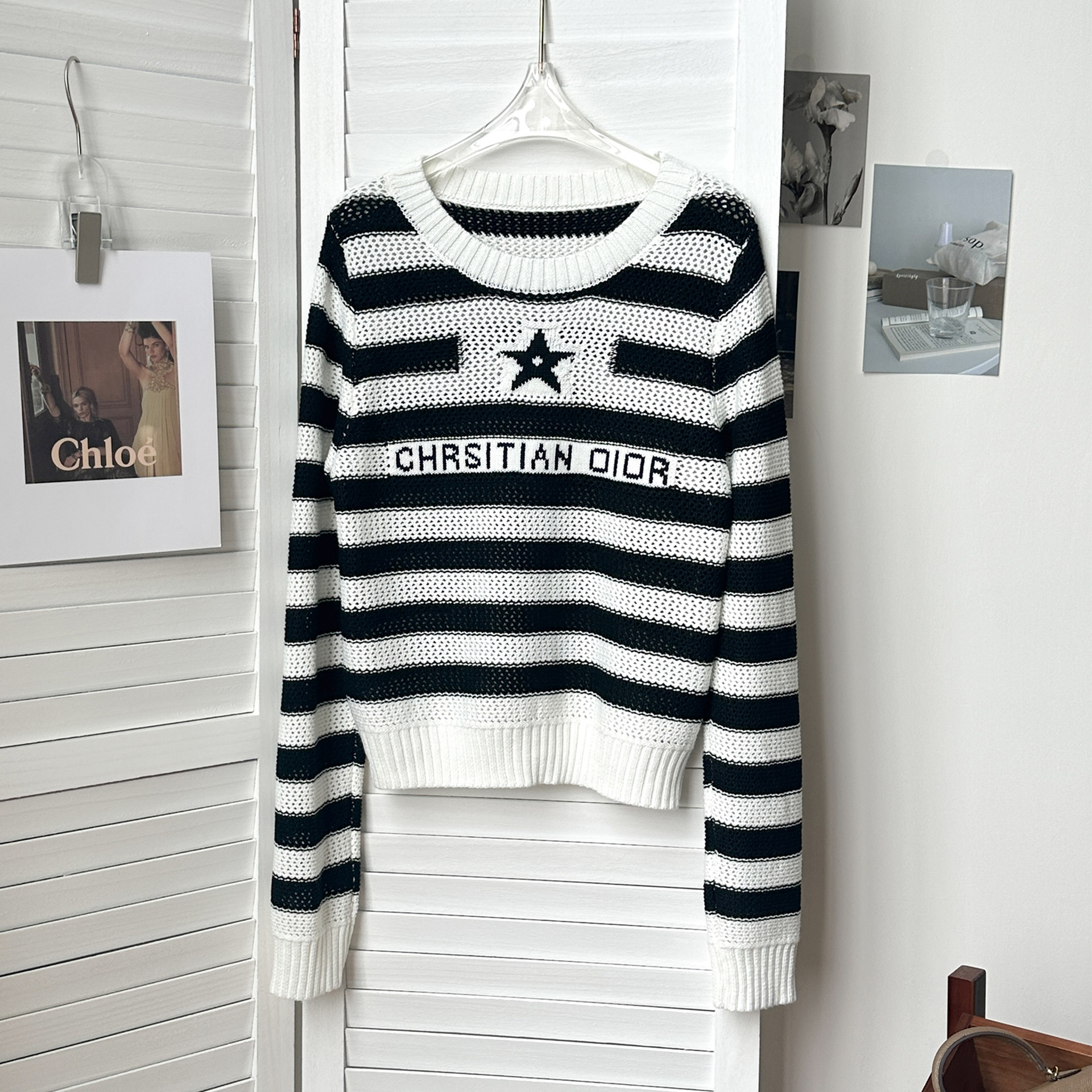 安斐欧娜2024新款法式镂空撞色条纹毛针织衫五角星字母提花女上衣