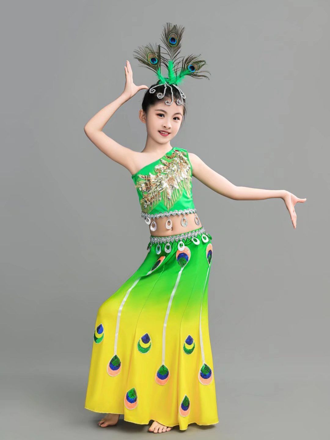 新款傣族儿童演出服短袖舞蹈服鱼尾裙女童六一云南民族孔雀舞蹈服