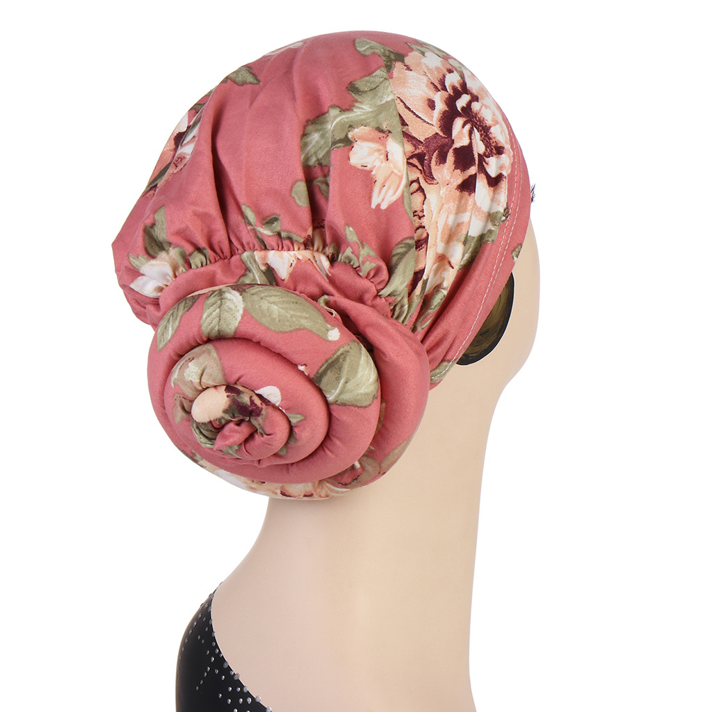 欧美亚马逊花布头巾帽 立体海绵盘花穆斯林化疗帽 后藏发包头帽