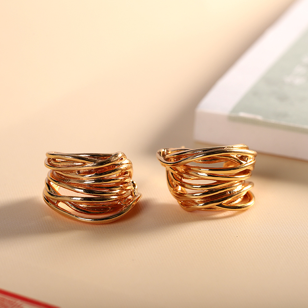 人品银品法式小众复古多层不规则线条缠绕s925银镀金夸张耳钉耳饰