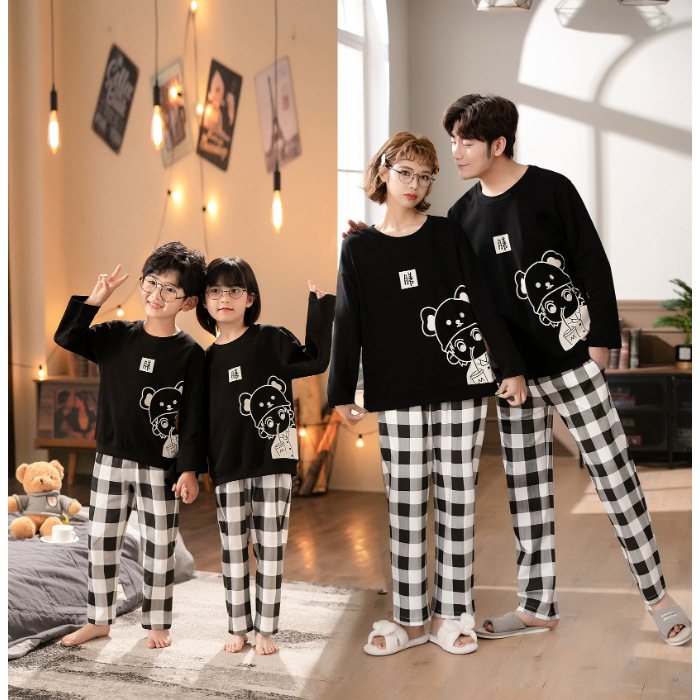 Couple Pajamas Spring and Autumn a Family of Three Pure Cotton Long-Sleeved Medium and Big Children Boys and Children Parent-Child Pajamas Homewear Suit