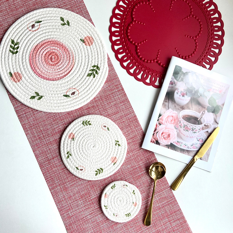 Ins Wind Insulation Potholder Woven Cotton String Placemat Creative Printing Coaster round Household Bowl Placemat Shooting Mat