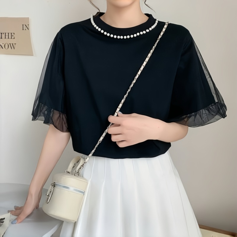 2024热销爆款日系夏季 领口珍珠装饰薄纱拼接短袖套头圆领t恤女