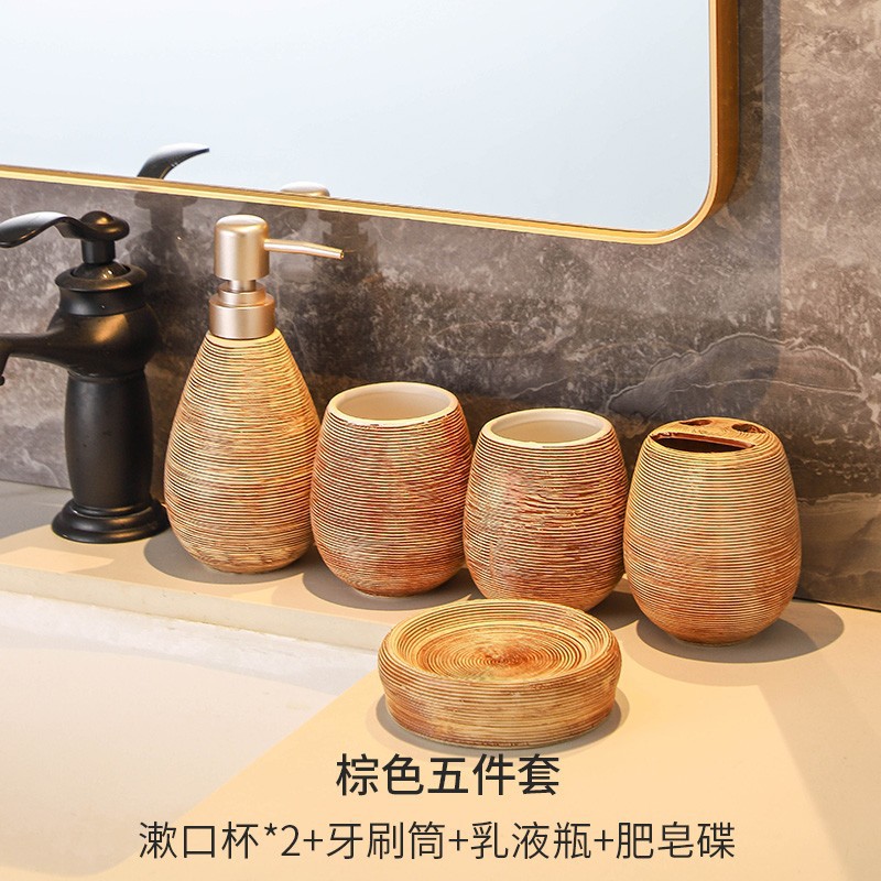 Household Retro Brushed Toiletries Creative Smooth Glazed Bathroom Lotion Bottle Soap Dish Ceramic Five-Piece Set