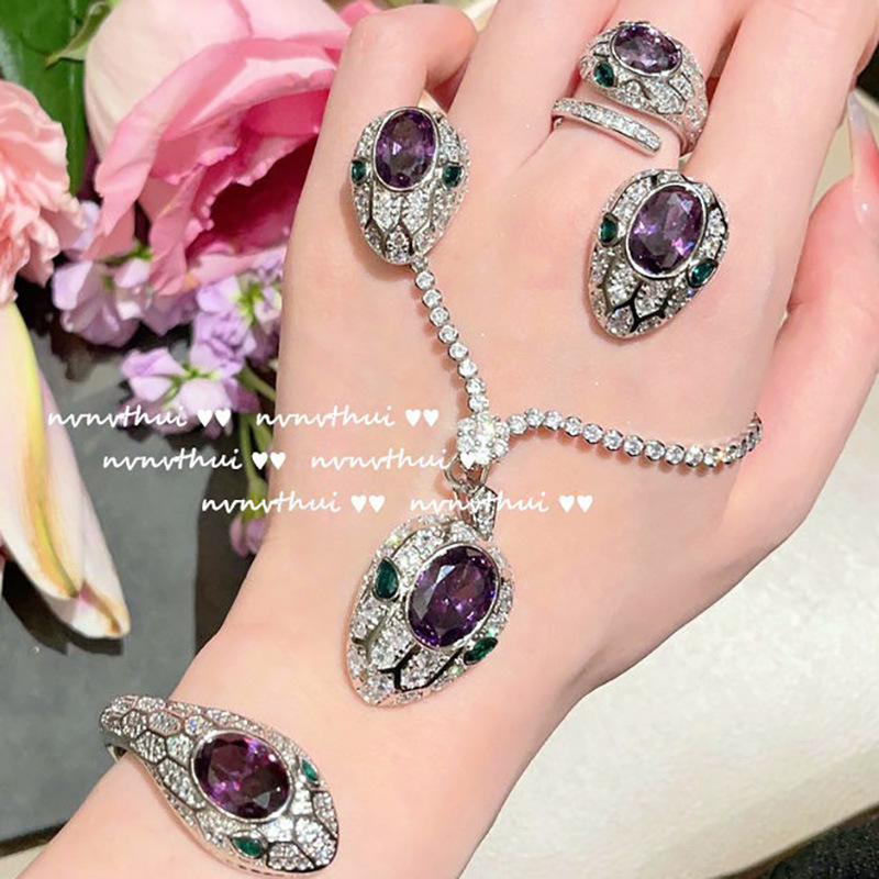 Gaoding Jewelry Amethyst Snake-Shaped Set Purple Diamond Snake Pendant Open Ring Colored Gems Stud Earrings Short Clavicle Chain