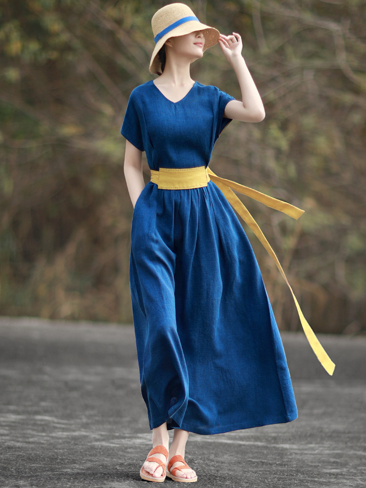 有山棉麻夏季色织丝麻连衣裙文艺复古女装气质显瘦长裙收腰210431