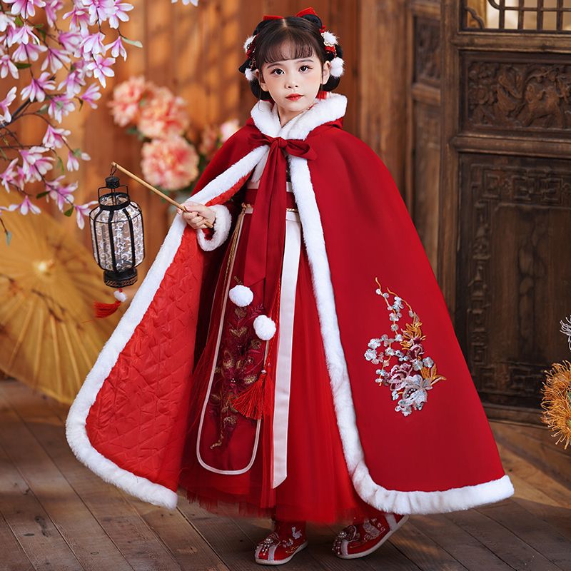 拜年服女童汉服冬装儿童古装加厚新年唐装中国风女孩古风连衣裙冬
