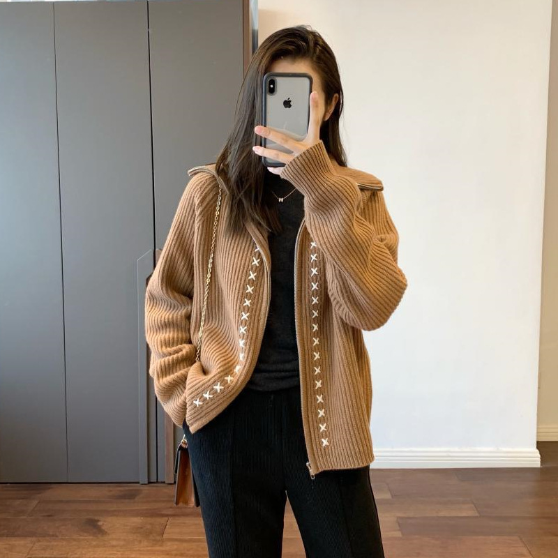Niche Double Zipper Lapel Knitted Cardigan for Women Idle Style Loose Soft Glutinous Long Sleeve Sweater Base Coat Thick Top