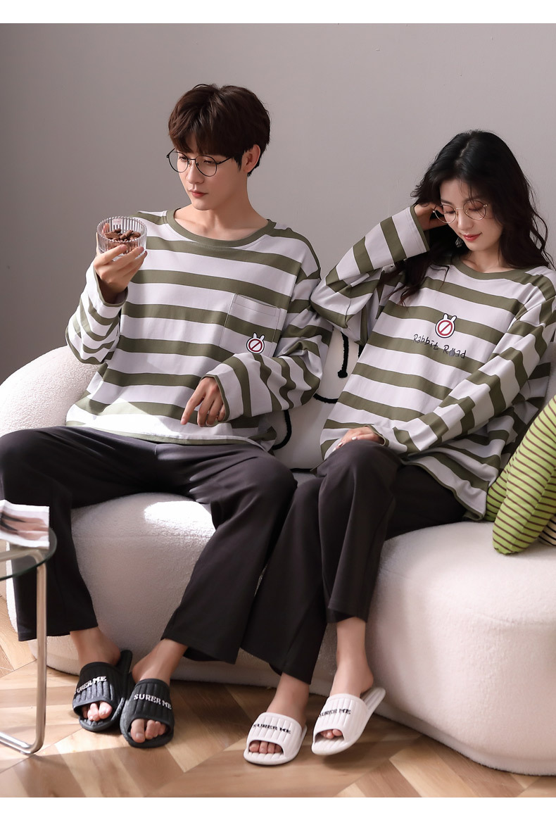 厂家直销情侣睡衣春秋2021年新款长袖男女家居服卡通可爱条纹套装