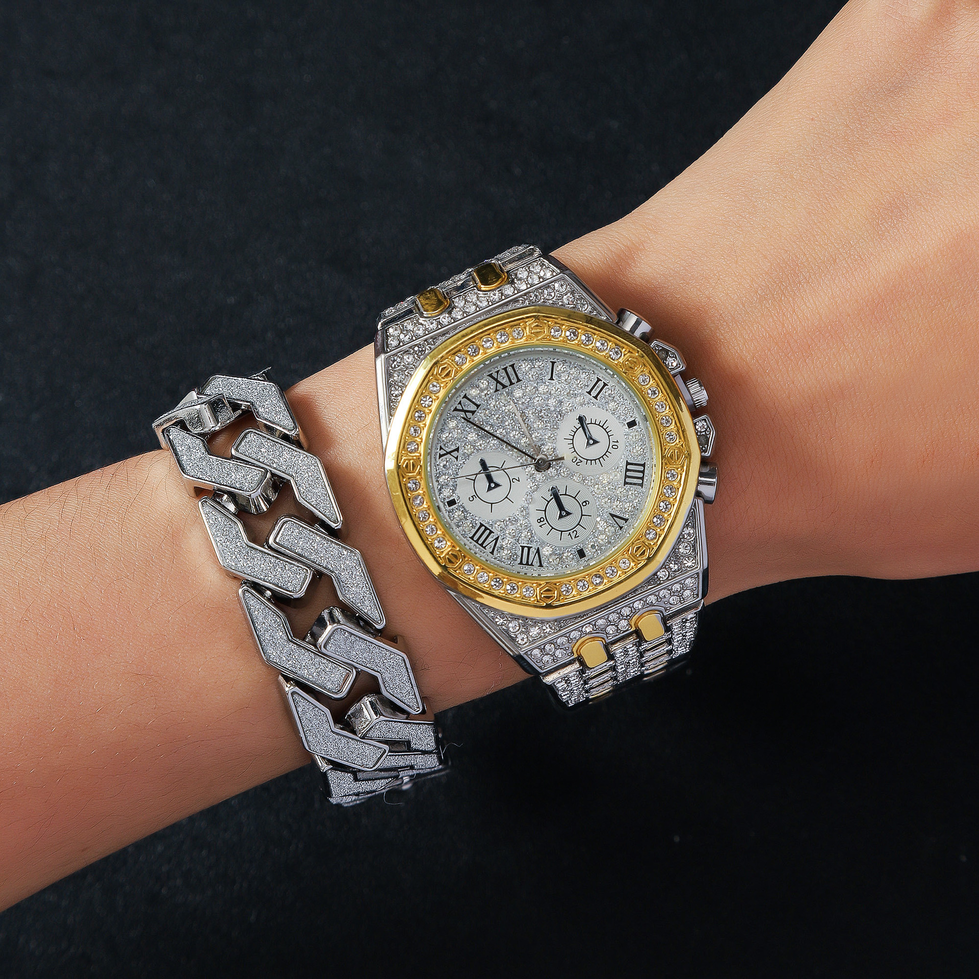 2pcs/set简约商务男款八边形三眼大表盘镶钻石英手表 手链-阿里巴巴
