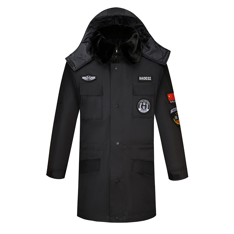保安大衣冬季加厚保安棉服男黑色执勤棉服网格大衣防寒服保安棉服