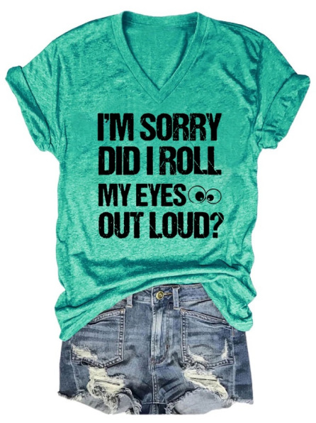 lxw 3d数码印花仿棉im the youngest sister欧美v领女式短袖