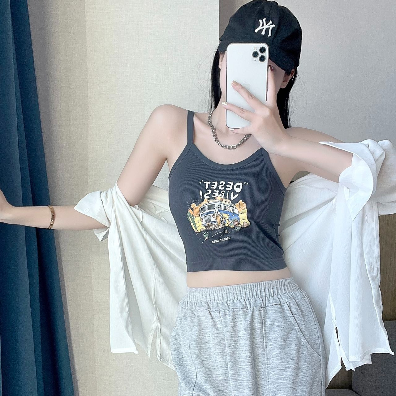 韩版吊带螺纹印花小背心少女学生内搭外穿一体式带胸垫抹胸内衣女