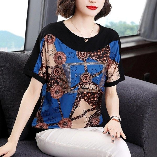 Mother's Wear 2023 New Fashion Foreign Trade Popular Style Stitching Large Size Women's Printed round Neck Short Sleeve T-shirt Women's Top