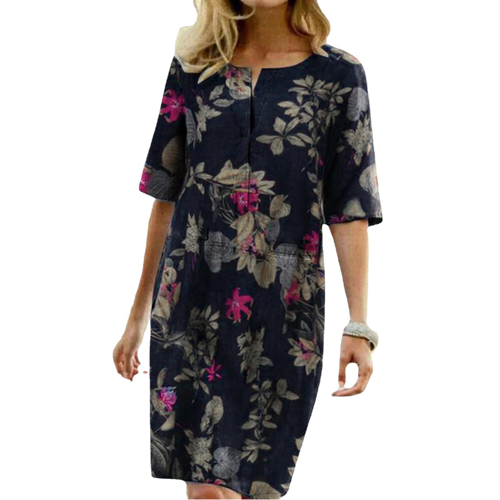 2023 Europe and America Cross Border New Women's Wish AliExpress Floral Floral Print Slit round Neck Half Sleeve Vintage Dress