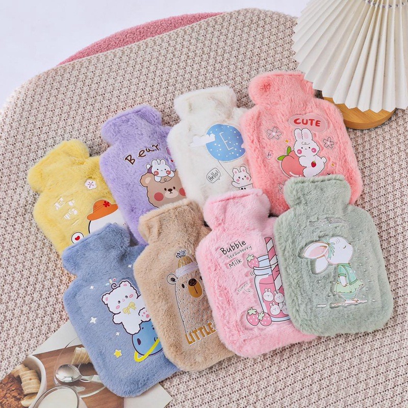 Hot Water Bag Thickened Fleece Cloth Cover Hand Warmer PVC Hand Warmer Hot-Water Bag Hot Water Injection Bag Cartoon Heating Pad