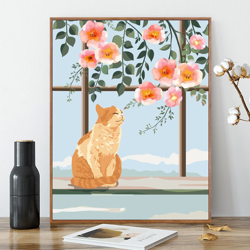 猫咪和花丨数字画填充diy彩手工涂色丙烯装饰客厅粉色壁挂画