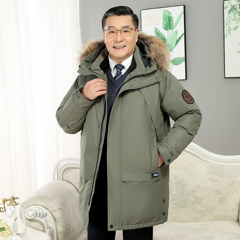 中老年羽绒服男士中长款连帽毛领大衣爸爸装白鸭绒保暖加厚外套冬