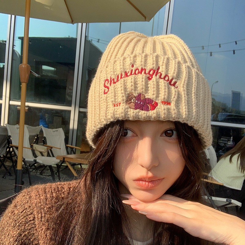 Korean Style Sweet Cute Bear Embroidery Woolen Cap Women's Autumn and Winter Face-Showing Small Extra Thick Warm Knitted Hat Casual Beanie Hat