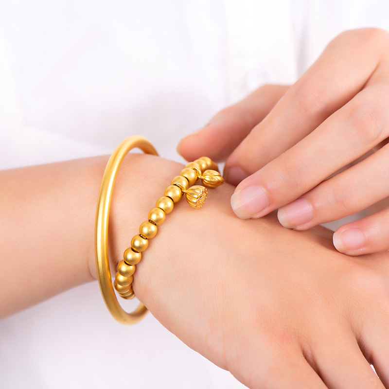 足金9999黄金女款手链两世欢莲蓬手链转运珠手环古法传承纯金手镯