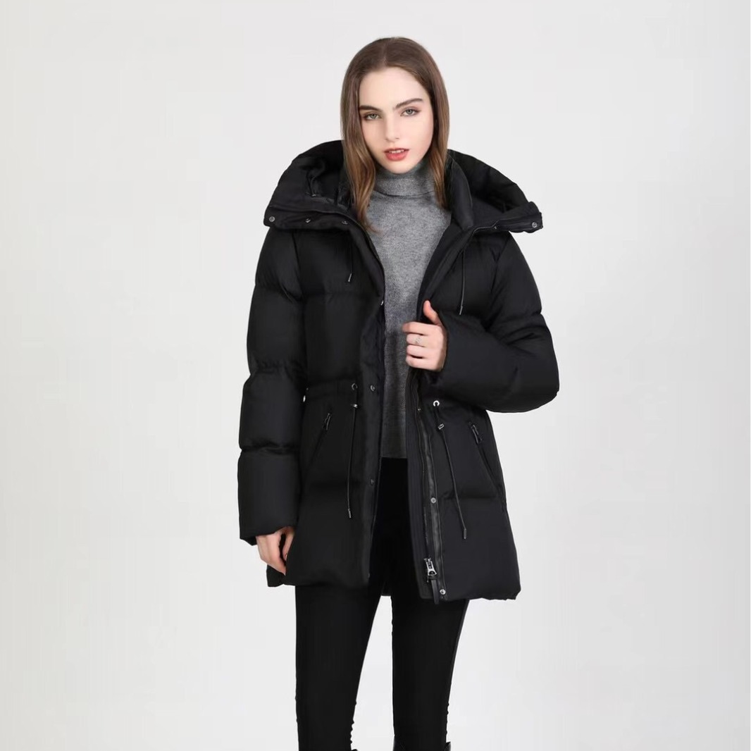 欧货高端连帽羽绒服女中长款金属面料加厚抗寒连帽保暖外套冬装23