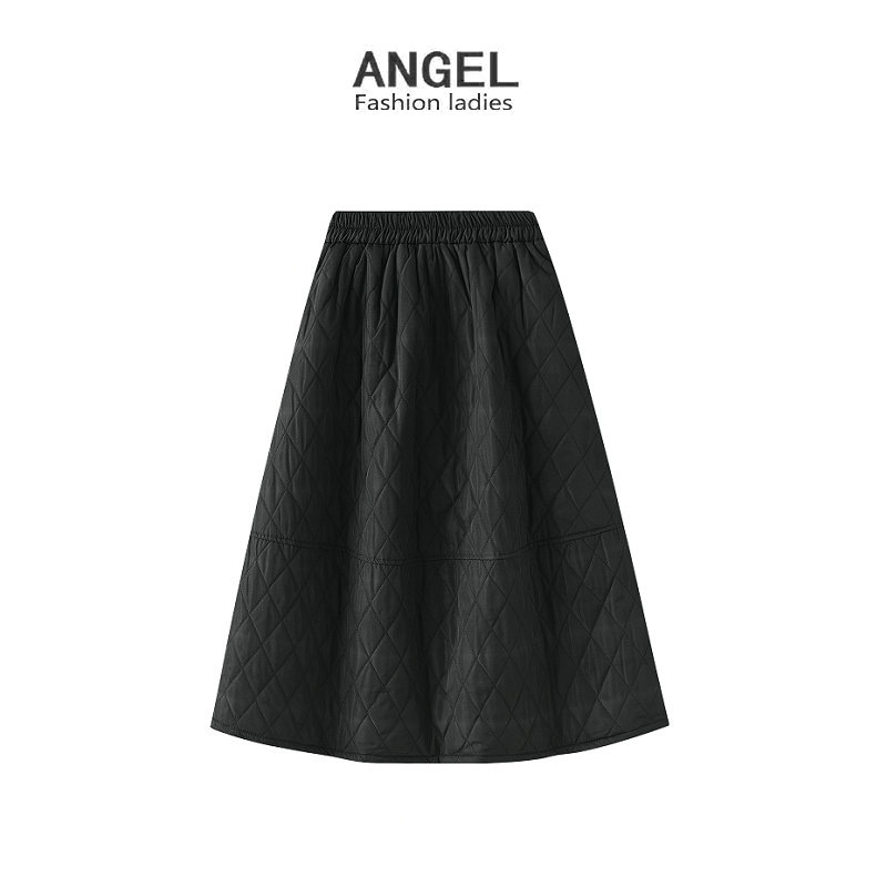 黑色菱格夹棉裙子蓬蓬半身裙泡泡裙女秋冬大摆高腰a字伞裙8836