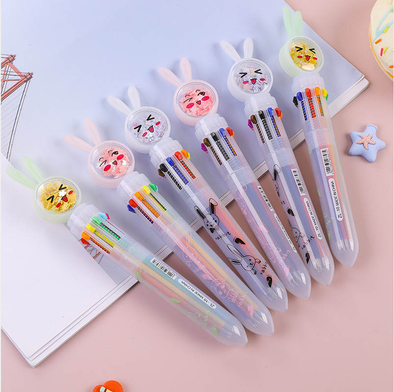 INS Girl Heart 10 Color Press Sequins Butterfly Rabbit Cat Candy Ballpoint Pen Transparent Color Hand Account Oil Pen