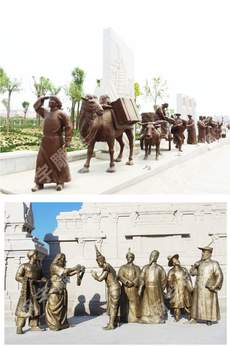 古代牵骆驼人物铸铜雕塑定制丝绸之路主题广场骆驼商队景观雕像