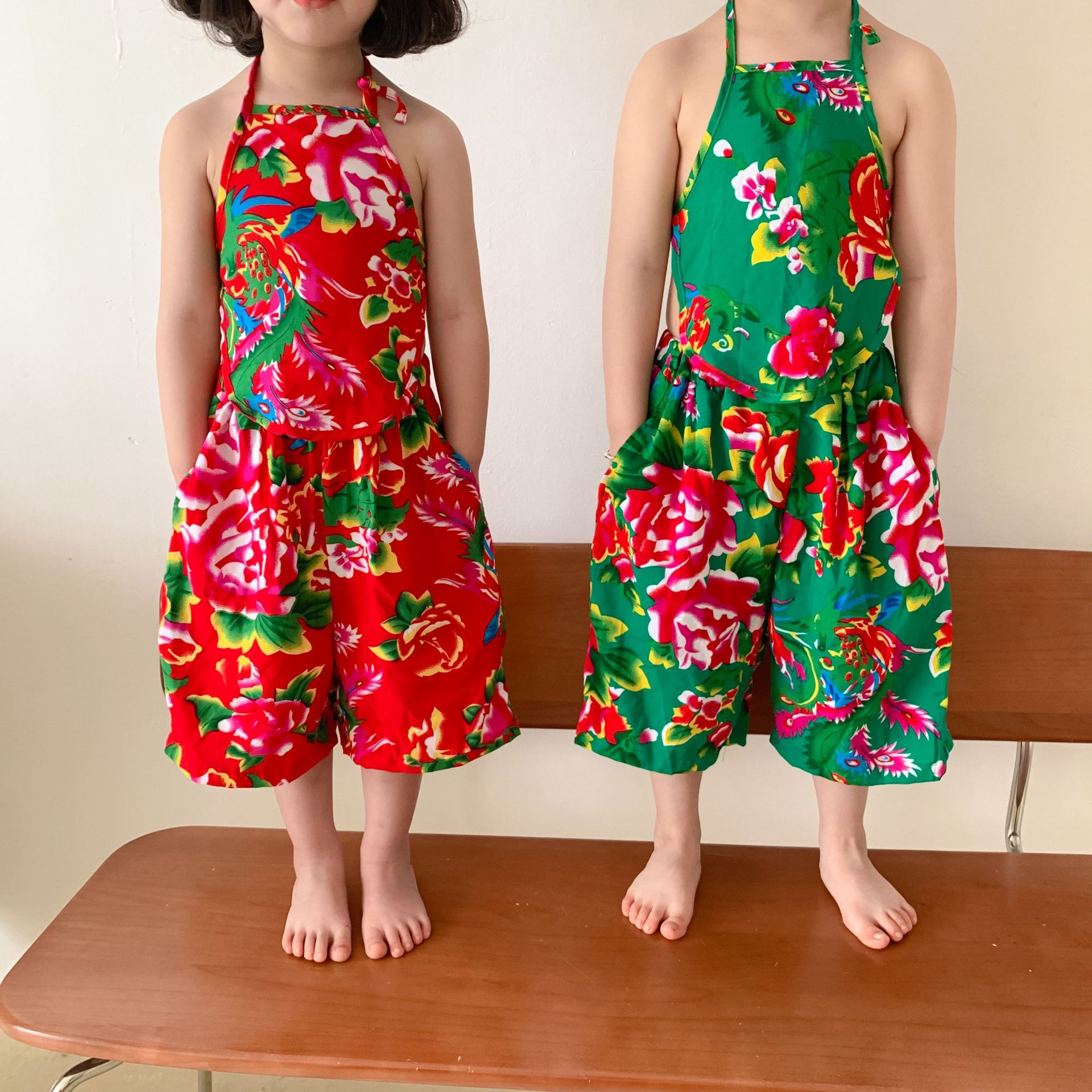 夏季儿童网红东北大花人棉肚兜套装男女童宝宝表演服幼儿园演出服