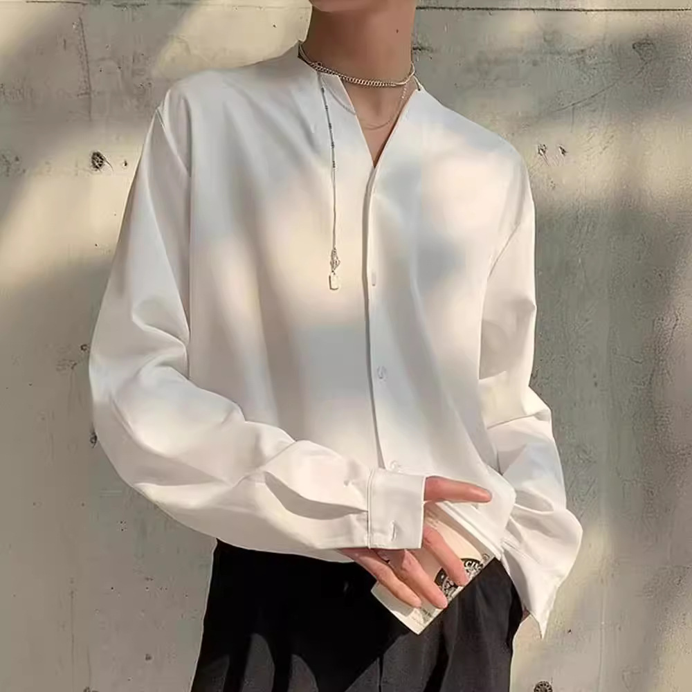 冷淡风高级感炸街衬衫男设计感小众v领那不勒斯衬衣白禁欲系男装