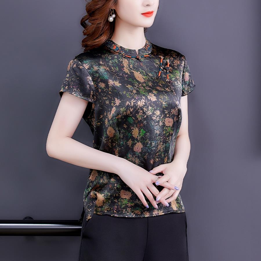 外贸香云纱真丝上衣女2022夏季新款时尚高端中式复古印花显瘦短袖