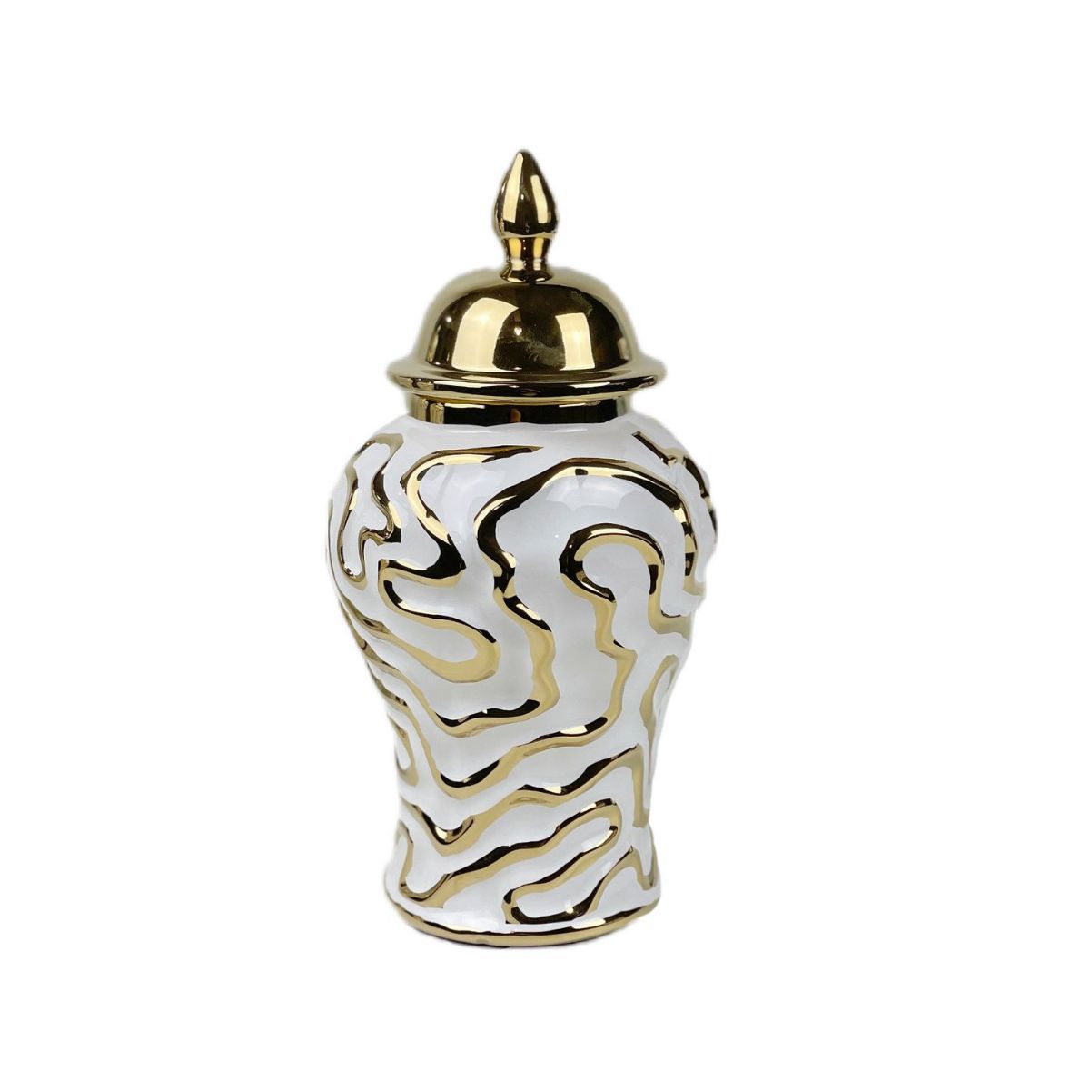 European-Style Ceramic Hat-Covered Jar Vase Entrance Decoration Golden Decoration Light Luxury Crafts Wave Pattern Electroplating Black and White Jar