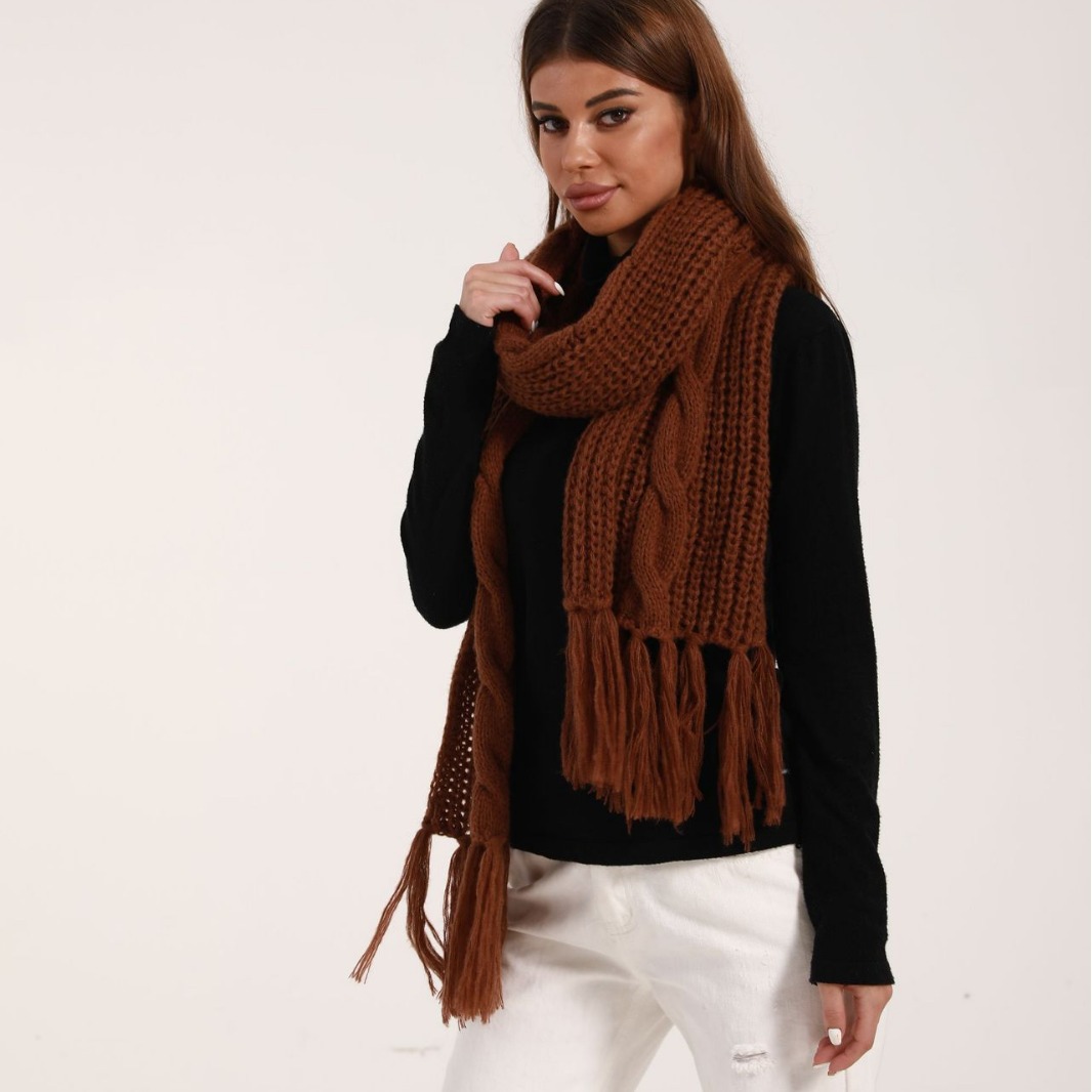 2023 New Cross-Border Hot Winter Solid Color Knitted Warm Scarf Tassel Style Material Comfortable and Soft