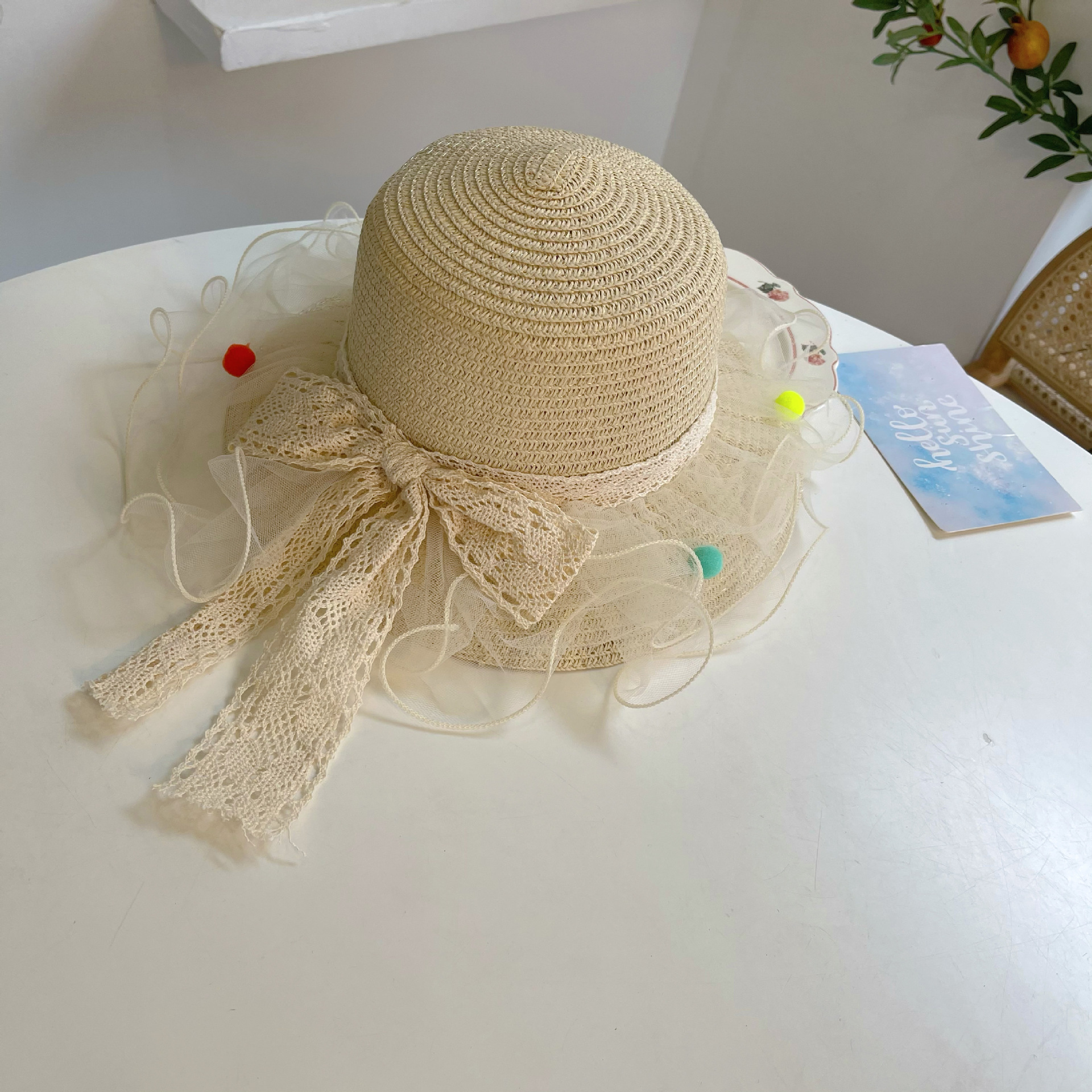 Children's Straw Hat Girls' Summer Sun Hat Sun Protection Hat Princess Hat Lace Bow Beach Hat with Bag Fashion