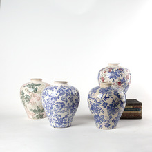 中式古风富贵花仿真干花三彩小口裂纹陶瓷花瓶 玄关客厅餐厅装饰