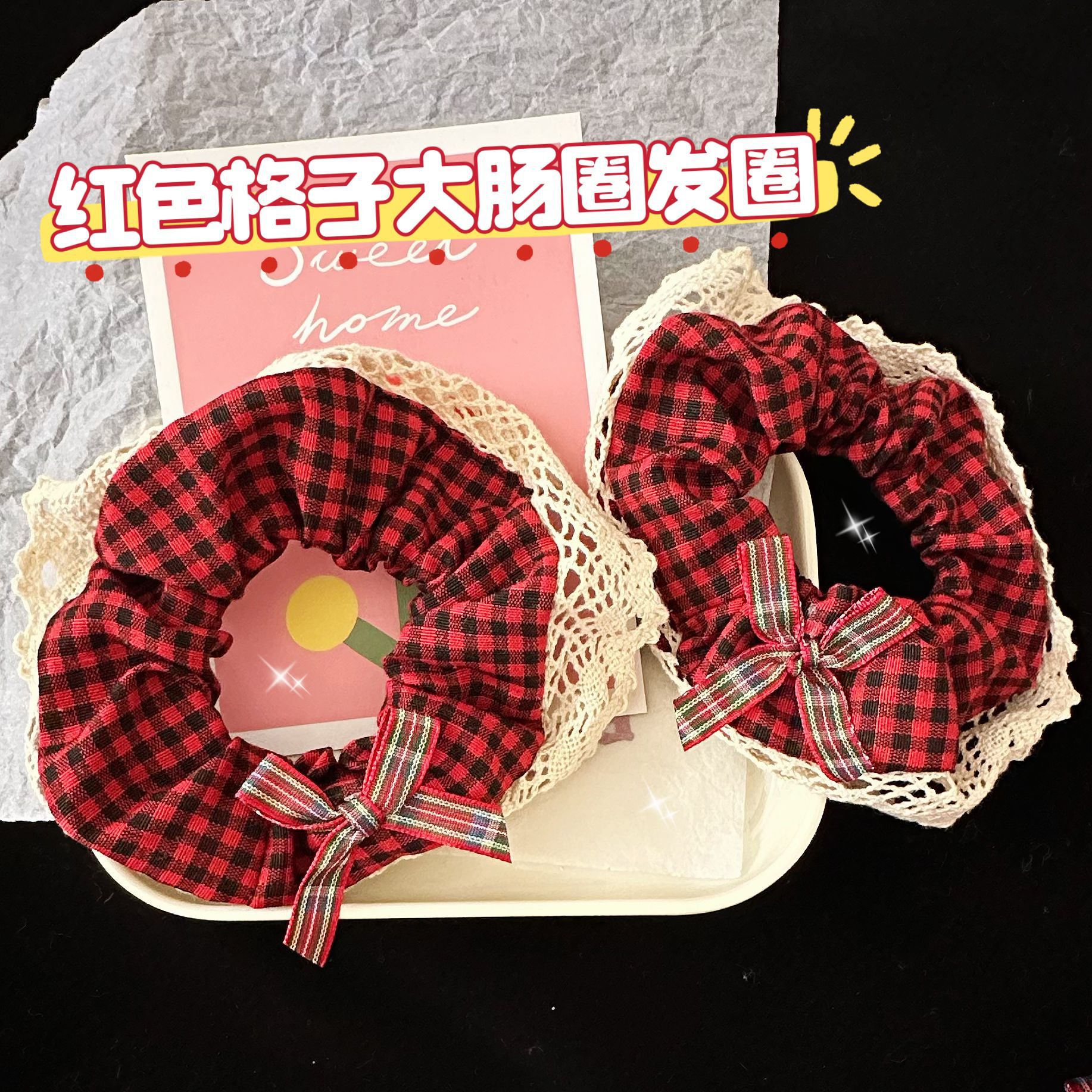 学院风红色格子蝴蝶结大肠圈发圈简约清新风学生丸子头发绳饰品冬