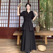 夏季大码女套装24年新中式禅意清冷黑色短袖开衫+显瘦大摆半身裙