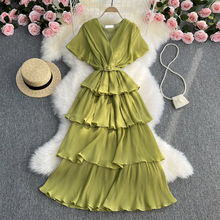 法式小众设计感优雅气质V领蛋糕连衣裙女系带收腰海边度假雪纺裙